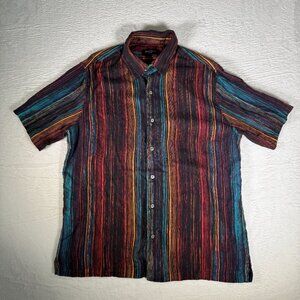 Brandini Pure Silk Men's Shirt Button Down Short‎ Sleeve Stripes Large